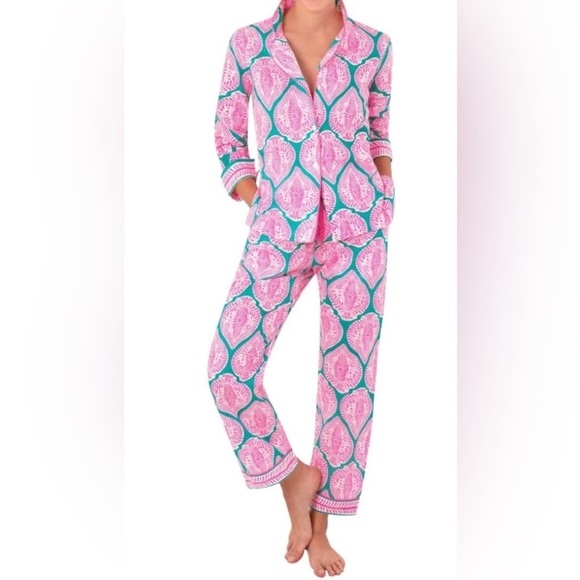 Gretchen Scott Pajamas Teal Pink Indian Summer PJ Set Large New $129 - Picture 7 of 8